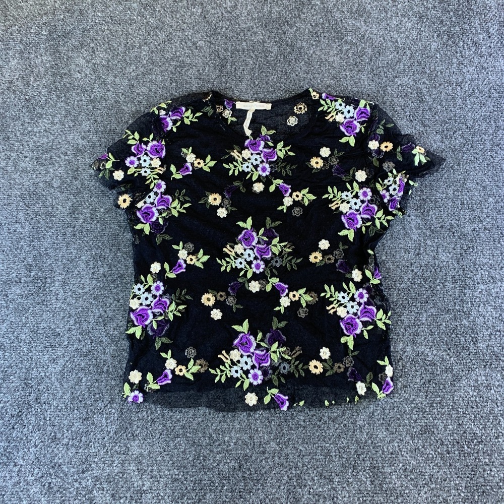 Urban Outfitters Shirt Womens M Black Floral Embroidered Nylon Sheer Cap Sleeve